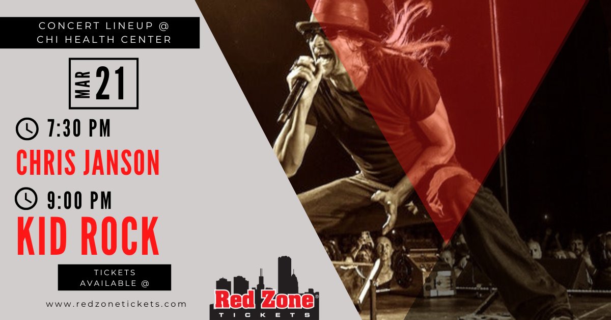 RedZoneTickets's tweet image. Your lineup for tomorrow night's Kid Rock concert:
#chrisjanson #kidrock #concert #omaha #rock

6 PM - Doors Open
7:30 PM - Chris Janson
9:00 PM - Kid Rock

*Times listed are tentative and are subject to change*
🎟: redzonetickets.com/tickets/6938120