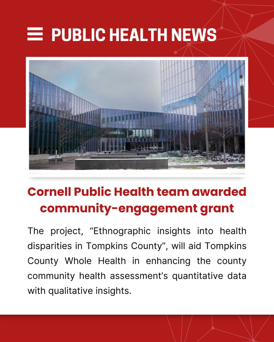 Cornell Public Health (@cornellmph) on Twitter photo Dr. Elizabeth Fox, Dr. Caroline Yancey, and MPH student Anthony Un were awarded an Engaged Opportunity Grant from <a href="/CornellEinhorn/">David M. Einhorn Center for Community Engagement</a> to work with <a href="/TCWholeHealth/">Tompkins County Whole Health</a> on the community health assessment to address health inequities within the county.
Read more: einhorn.cornell.edu/recipient/comm… Dr. Elizabeth Fox, Dr. Caroline Yancey, and MPH student Anthony Un were awarded an Engaged Opportunity Grant from <a href="/CornellEinhorn/">David M. Einhorn Center for Community Engagement</a> to work with <a href="/TCWholeHealth/">Tompkins County Whole Health</a> on the community health assessment to address health inequities within the county.
Read more: einhorn.cornell.edu/recipient/comm…