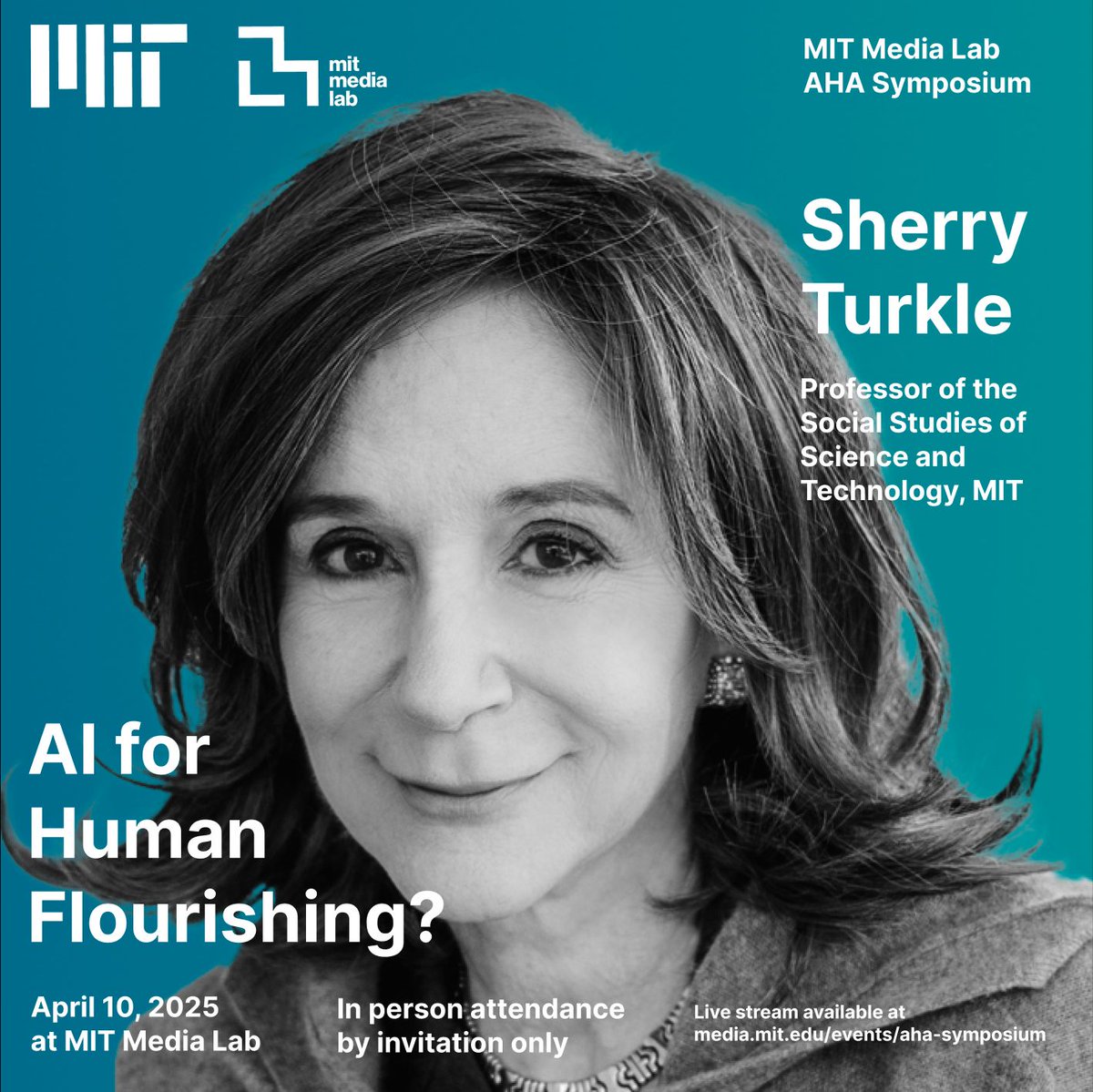 AHA at MIT Media Lab (@aha_medialab) on Twitter photo We are delighted to have Sherry Turkle <a href="/STurkle/">Sherry Turkle</a> at the AHA Symposium on AI and Human Flourishing.
In-person attendance is by invitation only, but join us via livestream at media.mit.edu/events/aha-sym…
Connect with us on LinkedIn, Instagram, and X!
#AHAMediaLab <a href="/medialab/">MIT Media Lab</a> We are delighted to have Sherry Turkle <a href="/STurkle/">Sherry Turkle</a> at the AHA Symposium on AI and Human Flourishing.
In-person attendance is by invitation only, but join us via livestream at media.mit.edu/events/aha-sym…
Connect with us on LinkedIn, Instagram, and X!
#AHAMediaLab <a href="/medialab/">MIT Media Lab</a>