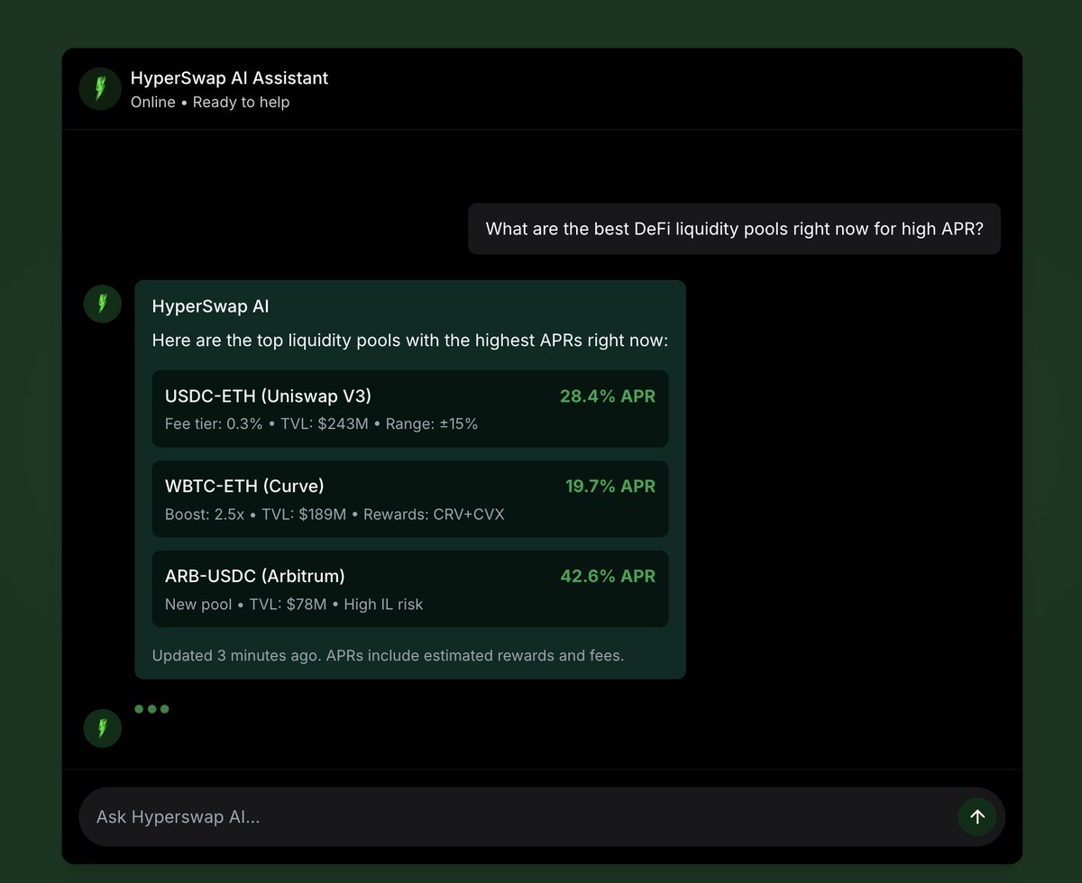 HyperswapAI's tweet image. Soon you will be able to find the best pools across 30+ chains and provide liquidity from any chain. #comingsoon #AIAgent #hyperswapAI