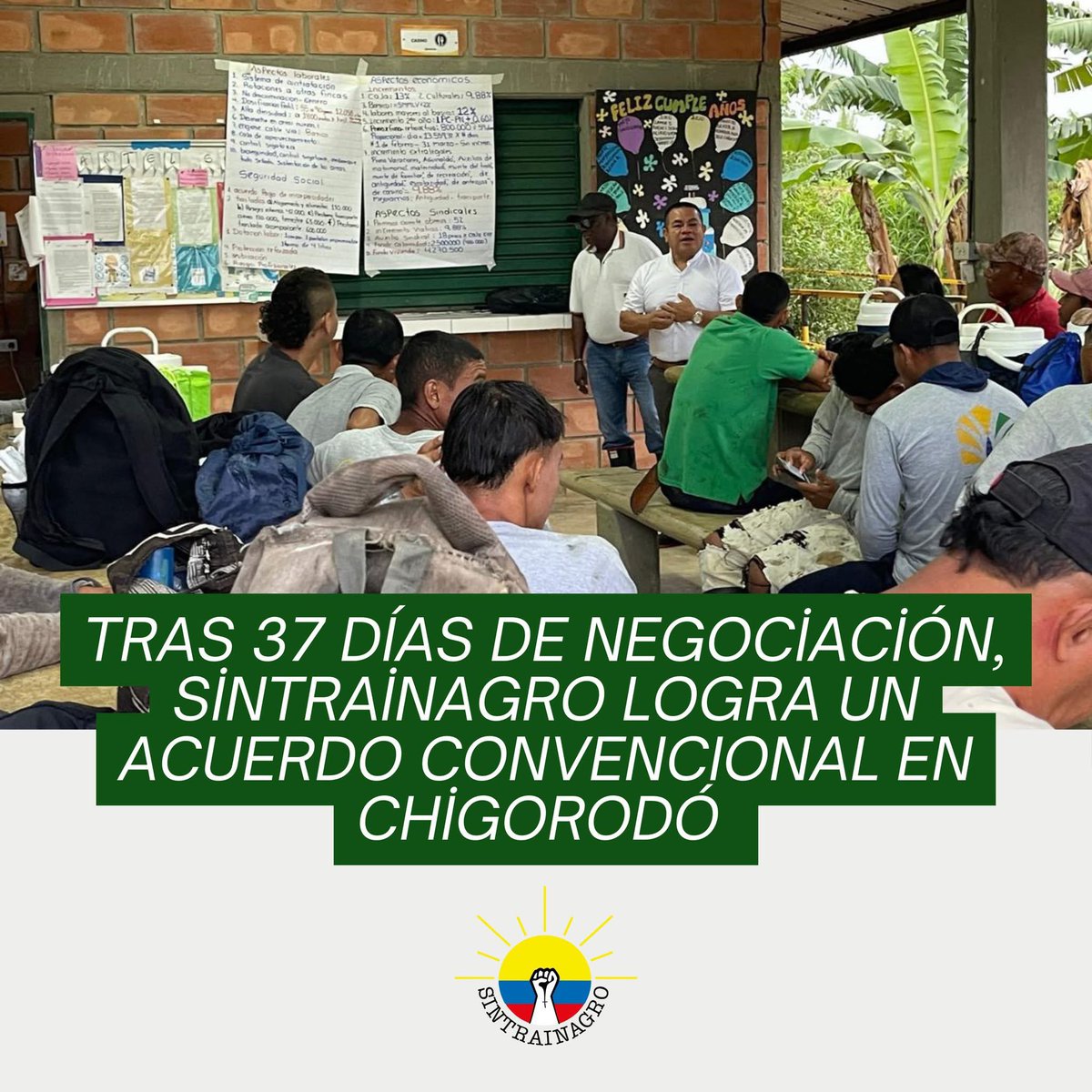 Tras 37 días de negociación, Sintrainagro y la finca Girasoles llegaron a un acuerdo convencional 

📦 13% en cajas
🌱 9.88% en labores culturales
💰 12% en jornales superiores
📌 Salario 2% sobre el mínimo legal
💵 Bono de $800.000

🔗 Lee más: sintrainagro.org/?p=9629