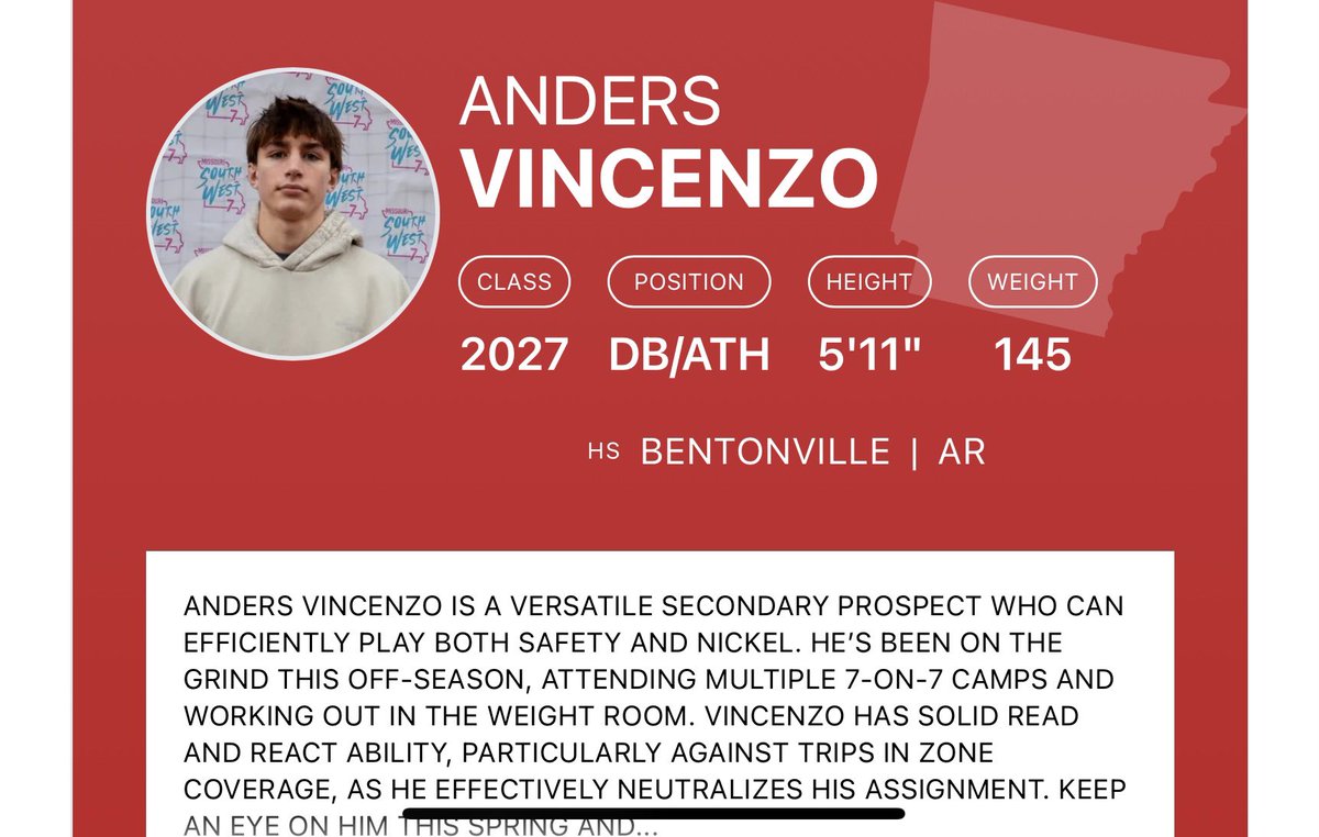 Anders Vincenzo (@vincenzoan82737) on Twitter photo Thank you <a href="/PrepRedzoneAR/">Prep Redzone Arkansas</a> for the rating and thank you for the evaluation <a href="/coltonedwardsFB/">Colton Edwards</a>.
<a href="/BvilleFB/">Bentonville Football</a> <a href="/BvilleFBRecrui1/">BENTONVILLE TIGER π Recruiting</a> <a href="/CoachJGrant/">Jody Grant</a> <a href="/bhscoachcecil/">Jared Cecil</a> <a href="/Southwest7v7/">Southwest 7</a>
prepredzone.com/player/anders-β¦ Thank you <a href="/PrepRedzoneAR/">Prep Redzone Arkansas</a> for the rating and thank you for the evaluation <a href="/coltonedwardsFB/">Colton Edwards</a>.
<a href="/BvilleFB/">Bentonville Football</a> <a href="/BvilleFBRecrui1/">BENTONVILLE TIGER π Recruiting</a> <a href="/CoachJGrant/">Jody Grant</a> <a href="/bhscoachcecil/">Jared Cecil</a> <a href="/Southwest7v7/">Southwest 7</a>
prepredzone.com/player/anders-β¦