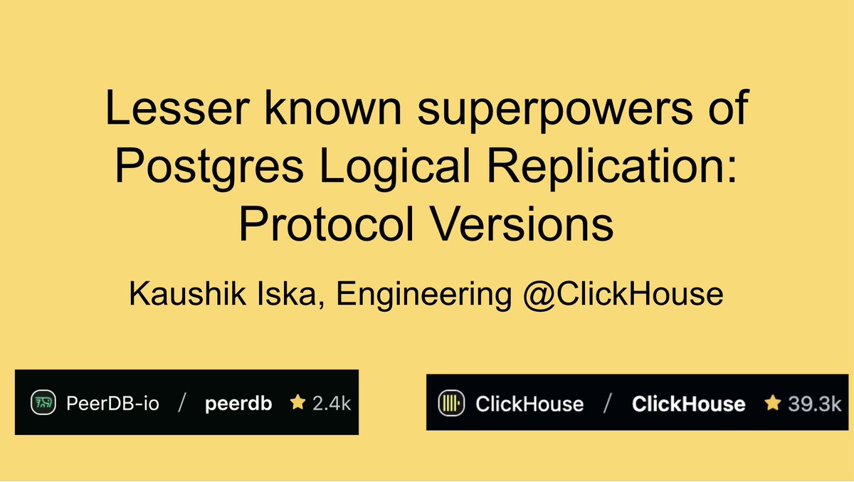 iskakaushik's tweet image. 🚀 Just presented on Postgres Logical Replication’s protocol versions at Postgres Conf, Orlando! Protocol v2’s large transaction streaming demo stole the show. 20+ attendees, 🔥 Q&amp;amp;A, and chats with ETL leaders. Video drops soon—stay tuned! #Postgres #LogicalReplication #ETL
