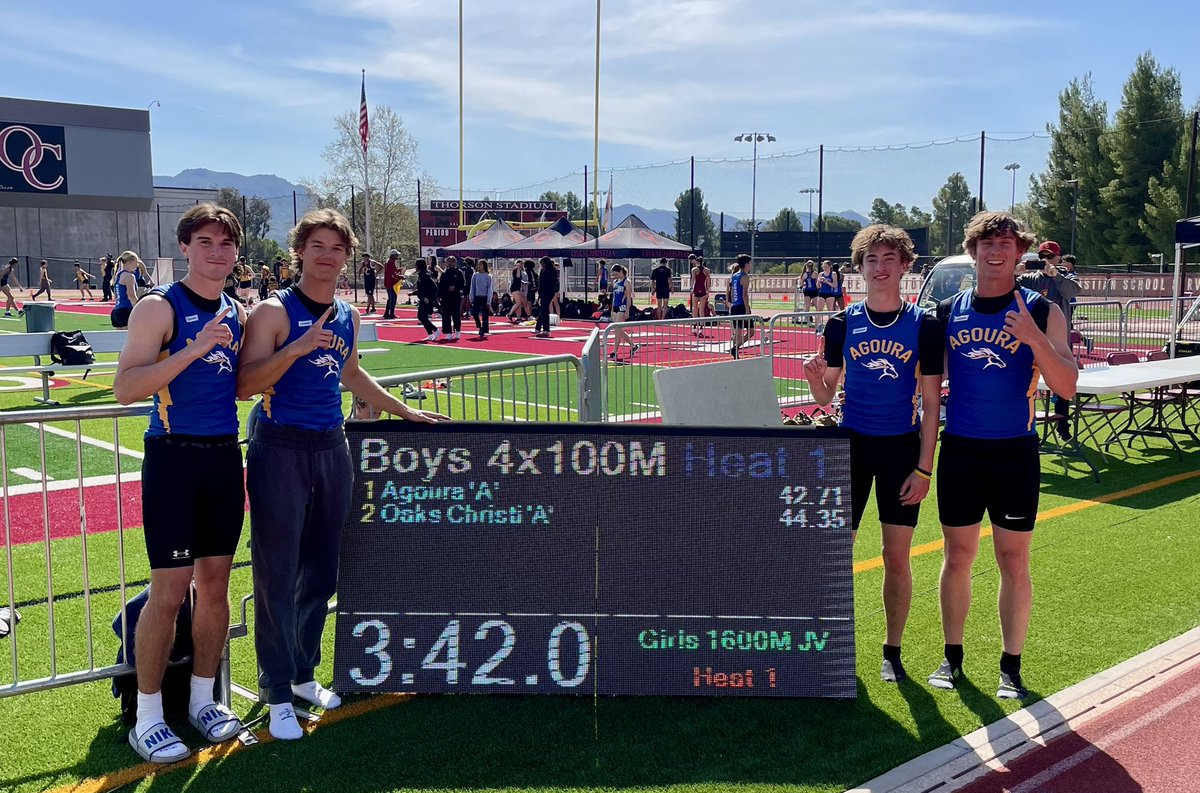 Agoura Varsity Boys 4x100 Relay team break the school record today at Oaks Christian with a 42.71! L-R Connor Luebke, Beau Lantz, Jonah Koehler, Tyler Starling <a href="/AHS_Chargers/">Agoura Athletics</a>