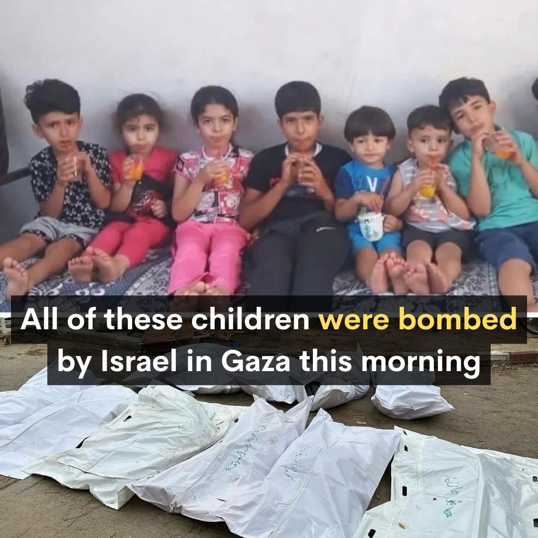 translatingpal's tweet photo. What did these children do wrong?

Omar, Osama, Qusay, Muhammad, Batoul, Hala, and Ahmad, these are the children of the Abu Daqqa family who were killed in the Israeli bombing of their home this morning in the town of Abasan, east of Khan Yunis, south of the Gaza Strip.

We are not just pictures or even numbers. We are dreams, memories, and aspirations. These children had innocent faces, eyes shining with big dreams despite their young age.

They departed with their dreams and aspirations, but their memories will live on, telling the story of the children of Gaza killed in the war of extermination.

hussien_khreis (IG)