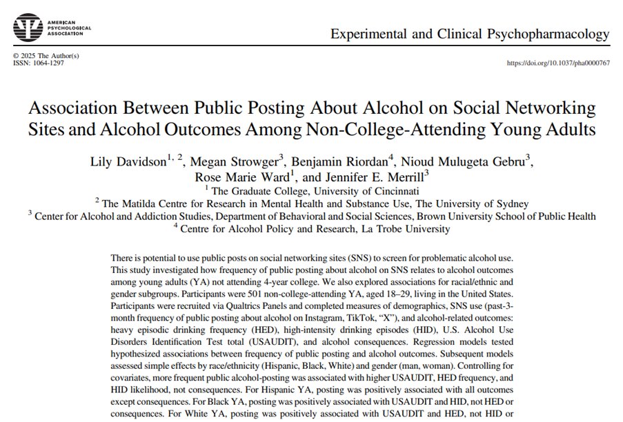 lilydavidson0's tweet image. 🌟New publication!📄
Our article explores links between posting publicly on social media about alcohol, and personal alcohol use patterns/problems. We discuss implications for identifying at-risk young adults en masse, via social media. #ProjectPOST
See tinyurl.com/4a6vxxz4