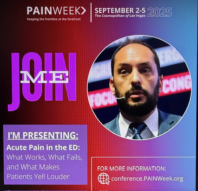 painfreeED's tweet photo. Join me at PAINWeek 2025 for my session "Acute Pain in the ED: What Works, What Fails, and What Makes Patients Yell Louder." Get ready for cutting-edge evidence and real-world strategies you can implement right away! https://t.co/Jb4HjvNsa9 #FOAMed @PAINWeek #PAINWeek2025 https://t.co/SR5o8uOyZ8