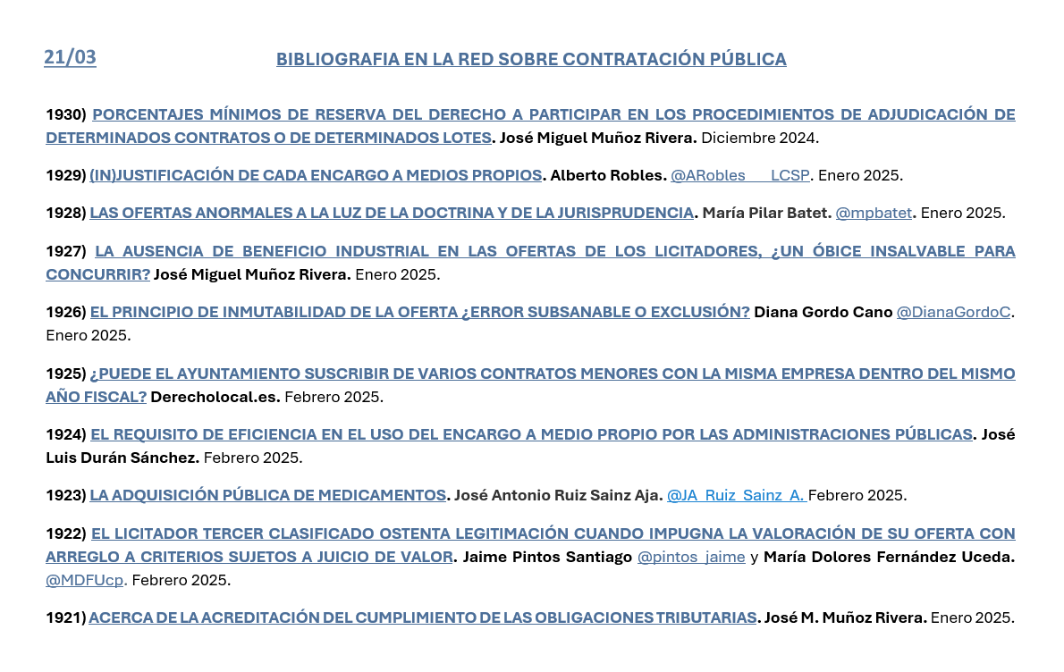 Contrato de obras (@contratodeobras) on Twitter photo contratodeobras.com/2025/03/biblio… BIBLIOGRAFIA EN LA RED SOBRE CONTRATACIÓN PÚBLICA: José Miguel Muñoz Rivera; <a href="/ARobles_LCSP/">Alberto Robles</a>; <a href="/mpbatet/">Maria Pilar Batet</a>; <a href="/DianaGordoC/">Diana Gordo Cano</a>; Derecholocal;es; José Luis Durán Sánchez; <a href="/JA_Ruiz_Sainz_A/">J.A. Ruiz Sainz-Aja</a>; <a href="/pintos_jaime/">Jaime Pintos Santiago</a> <a href="/MDFUcp/">María Dolores Fernández Uceda</a>; contratodeobras.com/2025/03/biblio… BIBLIOGRAFIA EN LA RED SOBRE CONTRATACIÓN PÚBLICA: José Miguel Muñoz Rivera; <a href="/ARobles_LCSP/">Alberto Robles</a>; <a href="/mpbatet/">Maria Pilar Batet</a>; <a href="/DianaGordoC/">Diana Gordo Cano</a>; Derecholocal;es; José Luis Durán Sánchez; <a href="/JA_Ruiz_Sainz_A/">J.A. Ruiz Sainz-Aja</a>; <a href="/pintos_jaime/">Jaime Pintos Santiago</a> <a href="/MDFUcp/">María Dolores Fernández Uceda</a>;