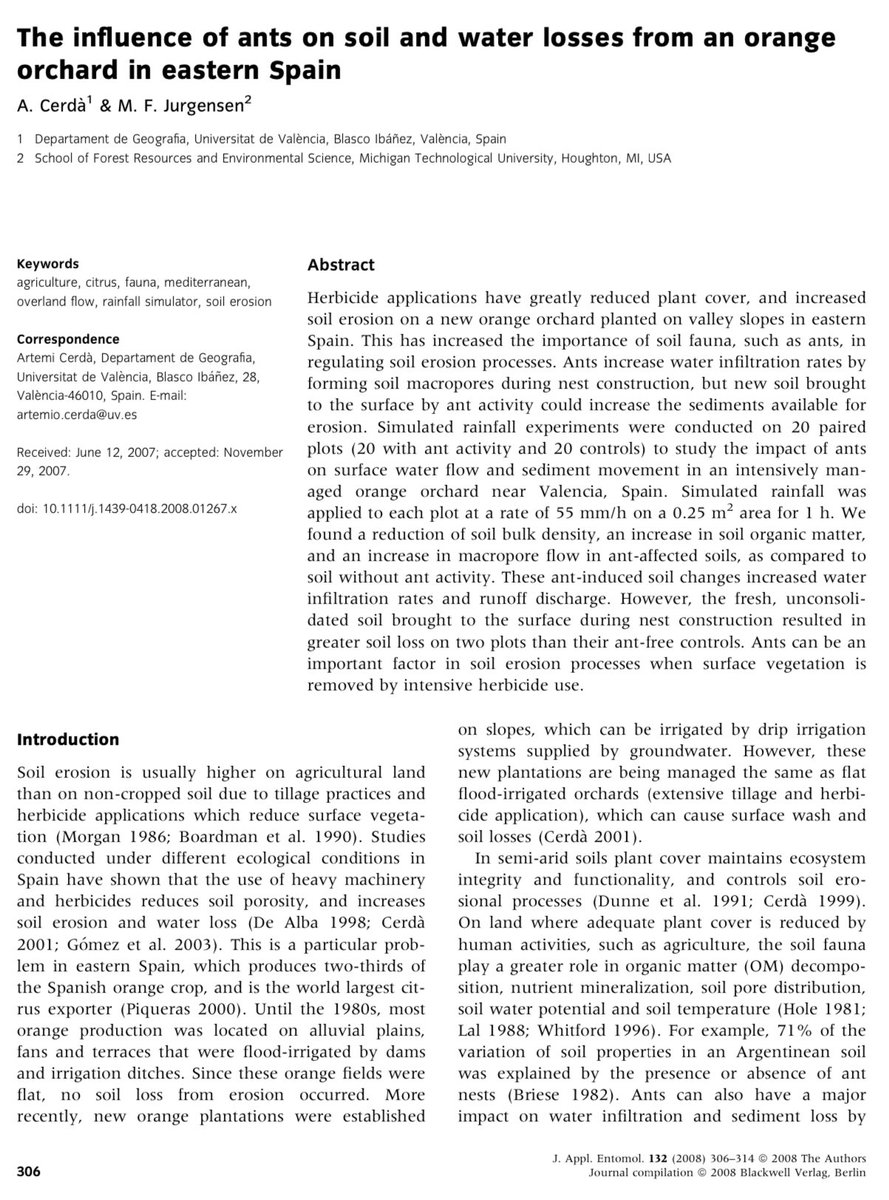 Artemi Cerdà (@artemiocerda) on Twitter photo Yes
Ants can determine the fate of the soil losses in agriculture land.
The influence of ants on soil and water losses from an orange orchard in eastern Spain
A Cerdà, MF Jurgensen
Journal of Applied Entomology 132 (4), 306-314, 2008
lnkd.in/d2Egcqr3 Yes
Ants can determine the fate of the soil losses in agriculture land.
The influence of ants on soil and water losses from an orange orchard in eastern Spain
A Cerdà, MF Jurgensen
Journal of Applied Entomology 132 (4), 306-314, 2008
lnkd.in/d2Egcqr3
