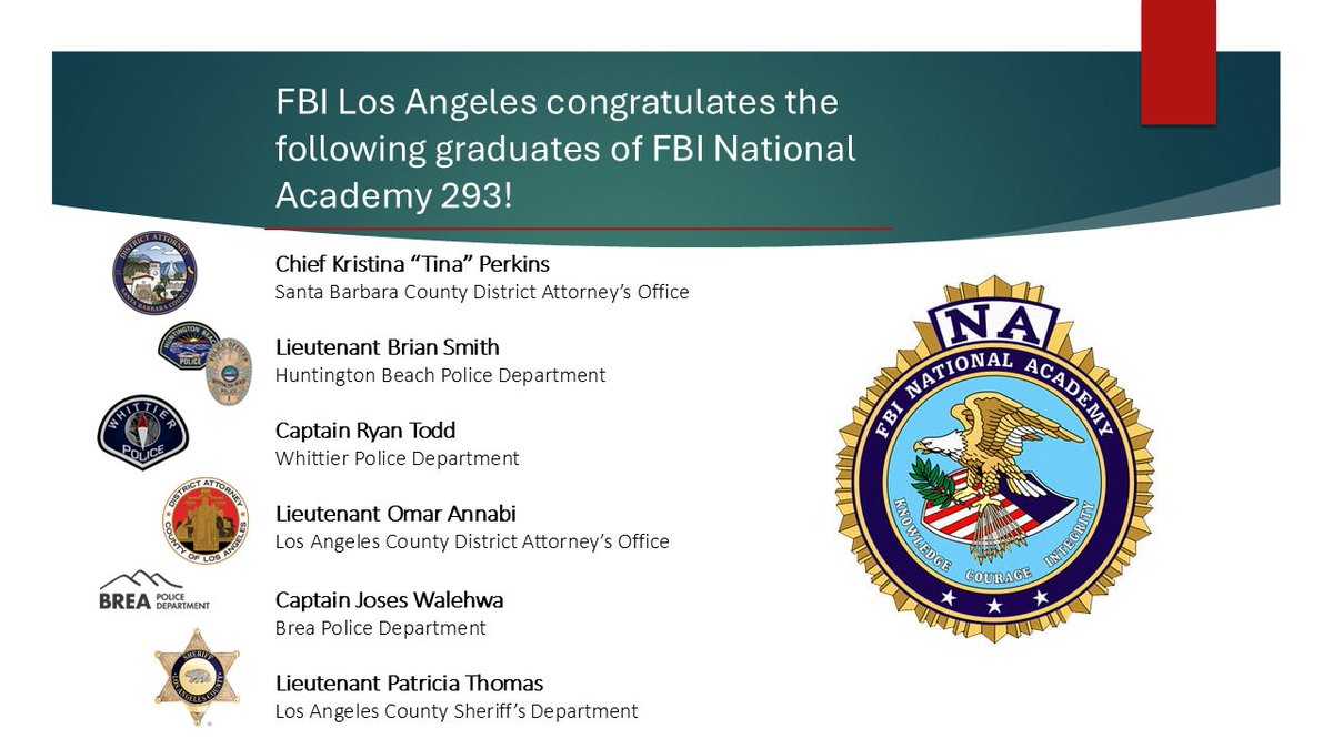 FBI Los Angeles (@fbilosangeles) on Twitter photo #FBILA congratulates the graduates of FBI National Academy 293!
👏👏👏👏👏👏
<a href="/DASantaBarbara/">Santa Barbara County District Attorney</a>
<a href="/HBPoliceDept/">Huntington Beach PD</a>
@WhittierPD
<a href="/LADAOffice/">Los Angeles County District Attorney’s Office</a>
<a href="/BreaPD/">Brea Police Dept</a>
<a href="/LASDHQ/">LA County Sheriffs</a> #FBILA congratulates the graduates of FBI National Academy 293!
👏👏👏👏👏👏
<a href="/DASantaBarbara/">Santa Barbara County District Attorney</a>
<a href="/HBPoliceDept/">Huntington Beach PD</a>
@WhittierPD
<a href="/LADAOffice/">Los Angeles County District Attorney’s Office</a>
<a href="/BreaPD/">Brea Police Dept</a>
<a href="/LASDHQ/">LA County Sheriffs</a>