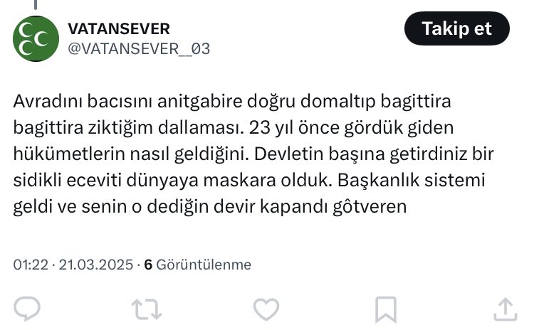 Şeref yoksunu sözde vatansever şahsiyet, şahsıma ve Atatürk değerlerine alanen hakaret ve küfür edip, Türkiye cumhuriyeti eski başbakanı hakkında aşağılayıcı ve devleti küçük düşürücü provakatif söylemlerde bulunmuştur. <a href="/add_genelmerkez/">Atatürkçü Düşünce Derneği</a> <a href="/EmniyetGM/">Türk Polis Teşkilatı</a> <a href="/Higm_Adalet/">T.C. Adalet Bakanlığı Hukuk İşleri Genel Müdürlüğü</a> <a href="/HUFEDER1907/">Hukukçu Fenerbahçeliler Derneği</a>