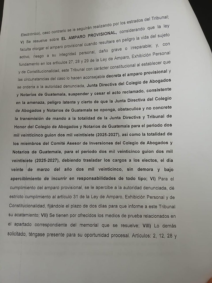 #URGENTE 🚨

Sala quinta de lo contencioso administrativo otorga un amparo provisional y ordena que HOY MISMO tomen sus cargos la Junta Directiva y Tribunal de Honor electos para el <a href="/CangGuatemala/">Colegio de Abogados y Notarios de Guatemala</a>.

Además, ordena que la JD saliente no se oponga, obstaculice o evite concretar la