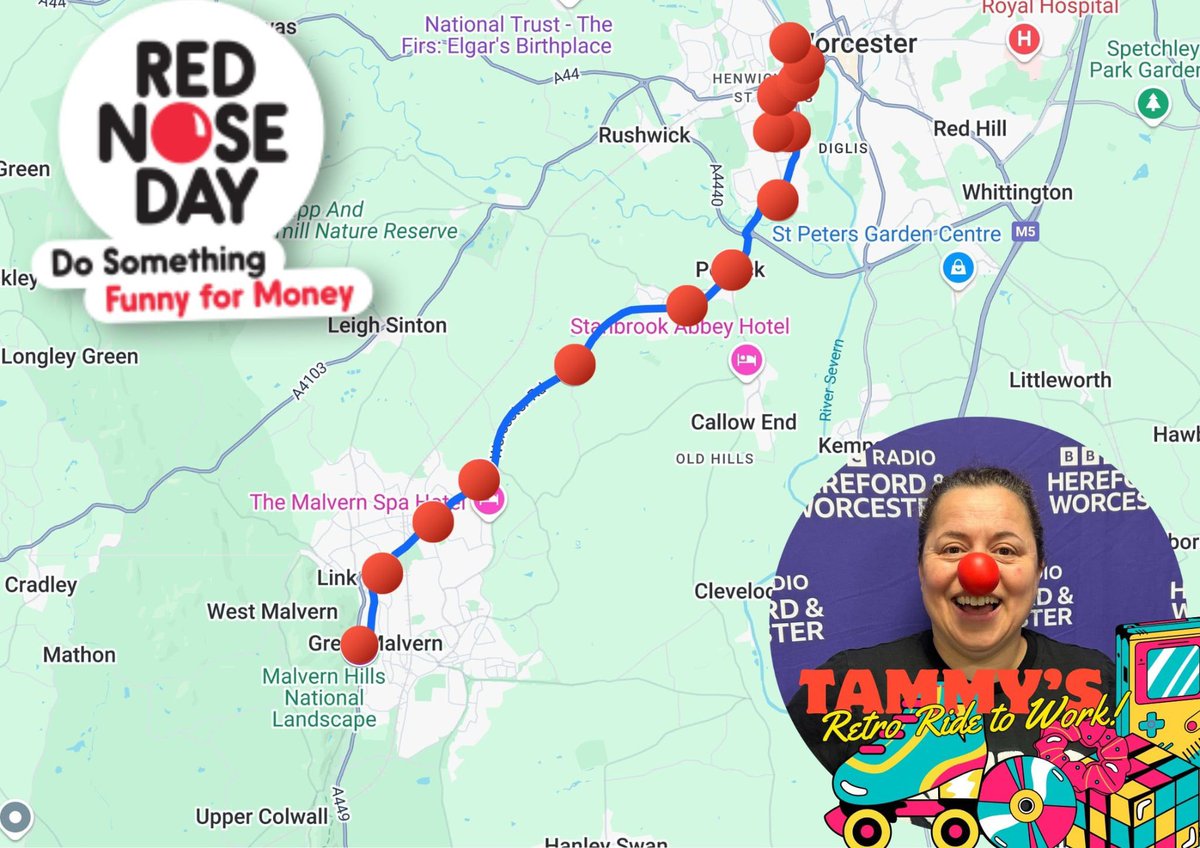It’s the #ComicRelief challenge on #FridayMotivation cheer on Tammy on her #Retro  ride to work Live on air from 7👇🏼is the route 👏🏼👏🏼👏🏼