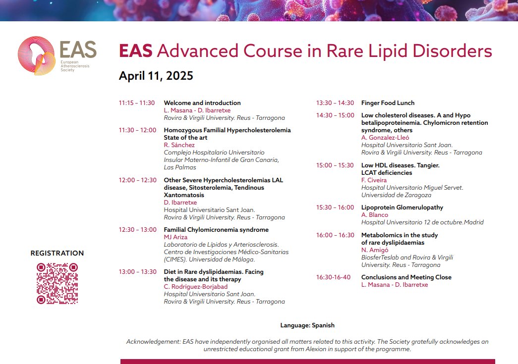 Hey 🇪🇸 friends! Don't miss the EAS Advanced Course in Rare Lipid Disorders in Reus-Tarragona
📅 Apr 11 | 🕚 11:15-16:40 CET
📍 Hospital Universitario Sant Joan
🎓 Directors: <a href="/lluismasana/">Lluís masana</a> &amp; <a href="/DaianaIbarretxe/">Daiana Ibarretxe Gerediaga</a>
Spots are limited, so don’t wait to sign up 🌟
🔗eas-society.org/page/rld_spain…