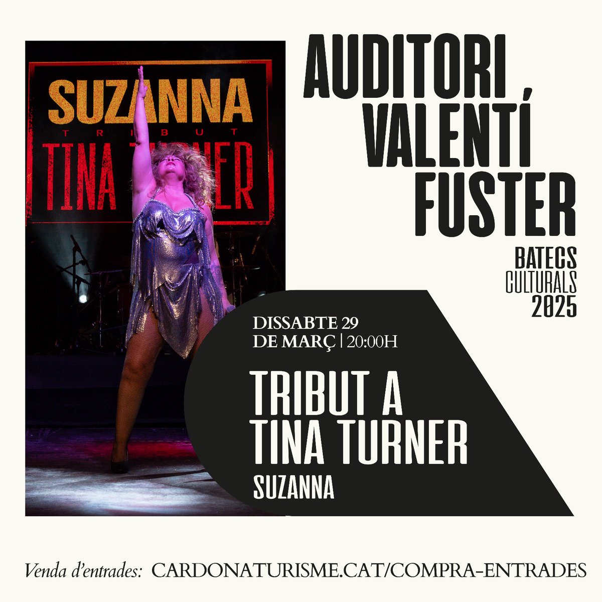 🎶Un concert tribut a Tina Turner iniciarà el Batecs Culturals el dissabte 29 de març

Serà a les 8 del vespre a l'Auditori Valentí Fuster

Les entrades es poden adquirir online a: tickets.euromus.cat/carlinkIV/inde…

Trobareu tota la info a: cardona.cat/comunicacio/no…