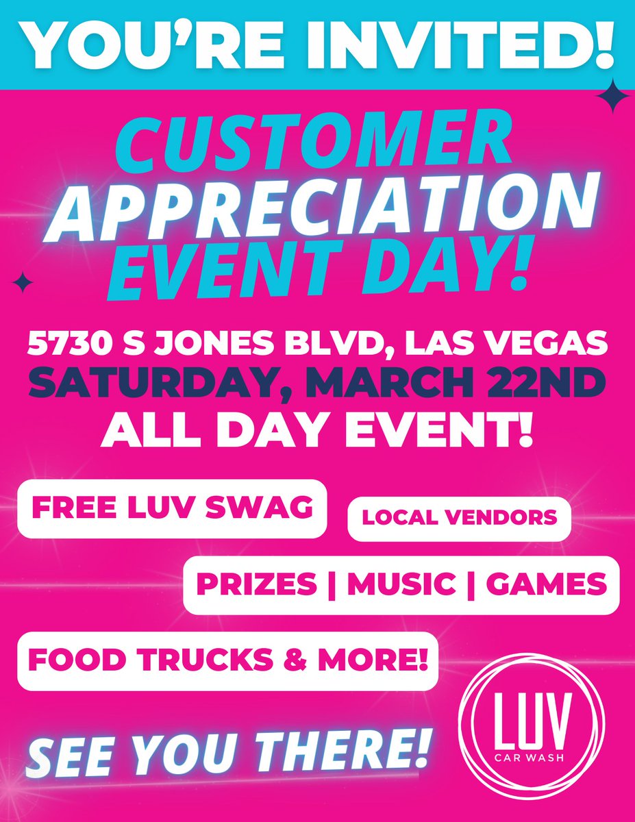 📷 LAS VEGAS, GET READY! 📷
You’re invited to the ULTIMATE Customer Appreciation Day at 5730 S Jones Blvd! 📷
THIS SATURDAY, MARCH 22ND!
📷 FREE LUV Swag!
📷 Live DJ!
📷 Food Trucks!
📷 Epic Prizes &amp; Giveaways!
This ALL-DAY PARTY is our way of saying THANK YOU—so don’t miss out!
