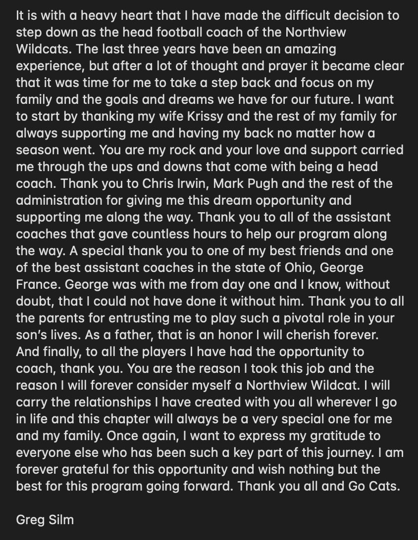 It took a few days to gather my thoughts, but I can’t thank the Northview Wildcat family enough for the last few years. A special thank you to all those who have taken the time to reach out over the last few days. It means more than you know!  Go Cats Forever!