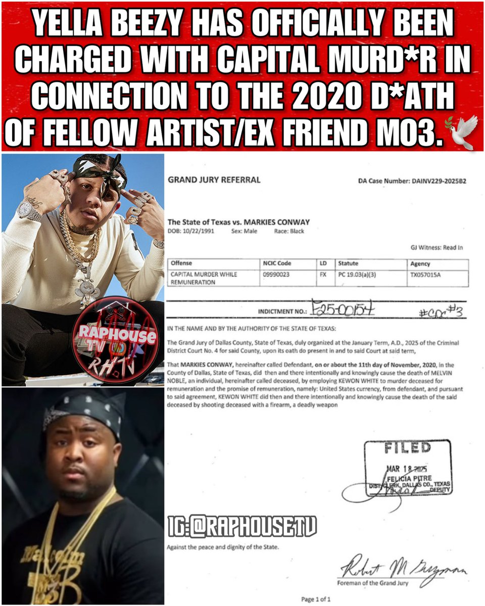 raphousetv2's tweet photo. Yella Beezy has been officially charged with capital murder in connection to the 2020 death of fellow artist MO3 🕊️⛓️‍💥 https://t.co/m2hrOoGzgs