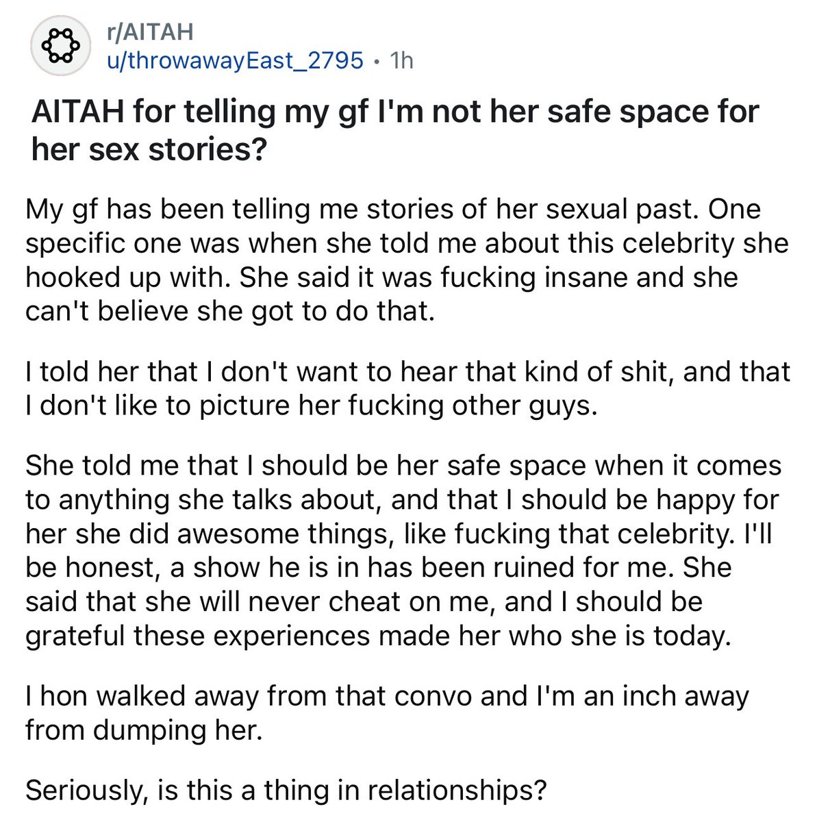 amithearsehole's tweet image. AITAH for telling my gf I&apos;m not her safe space for her s-x stories?