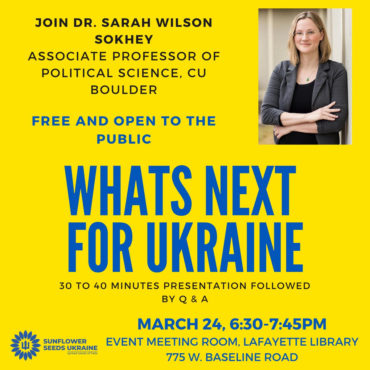 UASunflowerSeed's tweet image. 📅Monday, March 24, 2025

⏰6:30 PM - 7:45 PM

📍Lafayette Public Library
775 Baseline Road, Lafayette, CO

Free and Open to the Public

#SunflowerSeedsUkraine #SpreadSeedsofHelp #StandWithUkraine