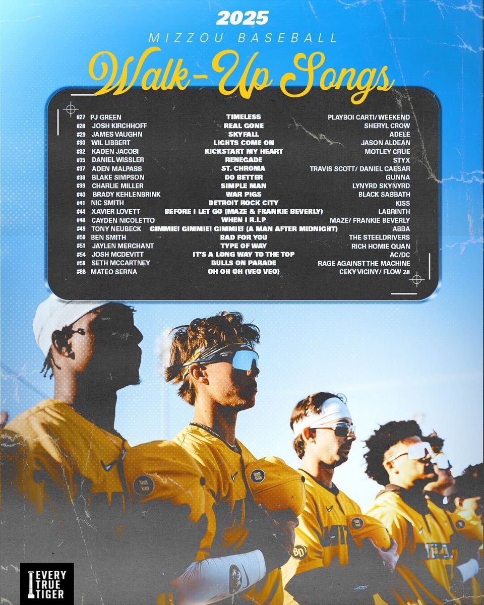 Tionna Herron (@treevibess) on Twitter photo Walk-up songs are here and Mizzou Baseball is ready to bring the energy against Ole Miss⚾️⚫️🟡
#ETTB #MIZ <a href="/MizzouAthletics/">Mizzou Athletics</a>
<a href="/EveryTrueTiger/">Every True Tiger Brands</a>
<a href="/MizzouBaseball/">Mizzou Baseball</a> Walk-up songs are here and Mizzou Baseball is ready to bring the energy against Ole Miss⚾️⚫️🟡
#ETTB #MIZ <a href="/MizzouAthletics/">Mizzou Athletics</a>
<a href="/EveryTrueTiger/">Every True Tiger Brands</a>
<a href="/MizzouBaseball/">Mizzou Baseball</a>