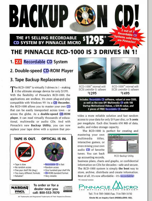 OldFurryNet's tweet photo. @ferrari2k @ObsoleteSony CD-Rs weren't more affordable for a long time. In 1995, a CD-R drive retailed for over $1200, and earlier examples cost far more.

Sony's first MiniDisc recorder sold for $750 in 1992, and it's not hard to imagine a hypothetical PC data variant costing similar. If only. https://t.co/uD87SDlqlc