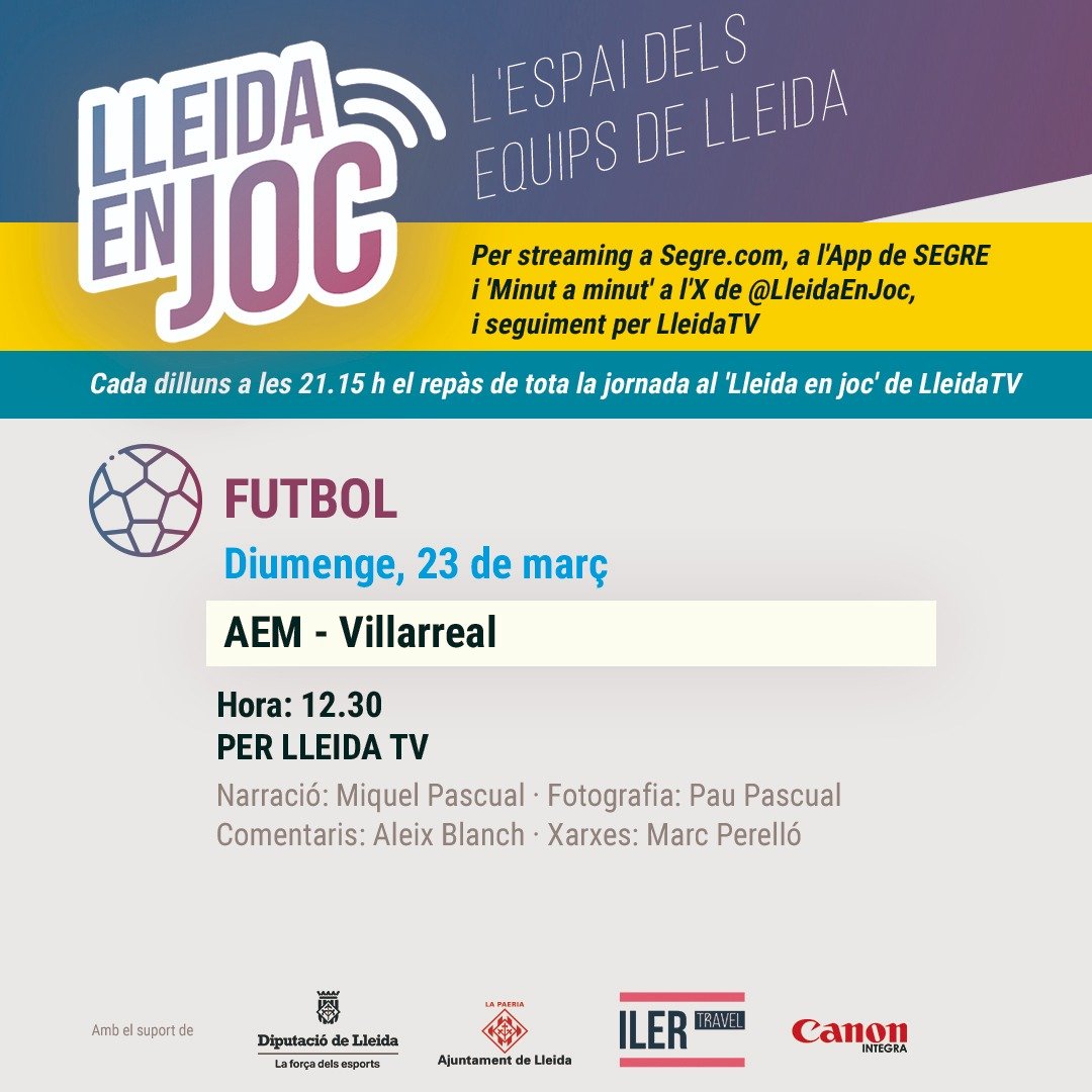 💥 MATINAL DE FUTBOL AL RECASENS, DIA DE <a href="/SEAEM_1925/">Secció Esportiva AEM</a>!⚽️

📺 A les 12:25h ens hi posem amb l'#AEMVillarreal per <a href="/LleidaTV/">Lleida TV</a>❗

📋 ALINEACIÓ DE #LleidaEnJoc👇

🎙️ <a href="/MiquelPascual99/">Miquel Pascual Prat</a>
🗣️ Aleix Blanch
💻 <a href="/PereJR2/">marc_perello</a>
📸 <a href="/paupascu4/">pau pascual prat</a>