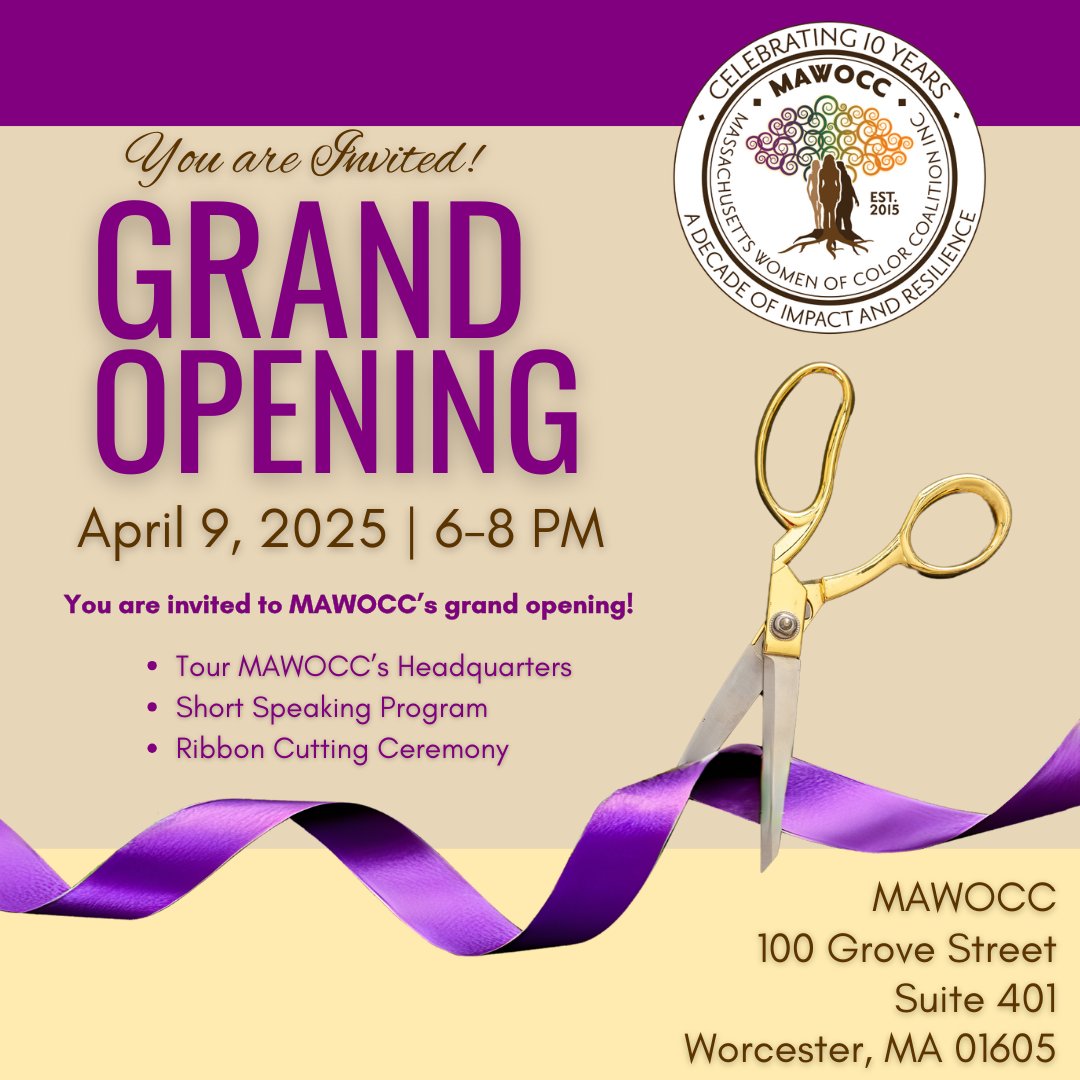 🎉 You're Invited! 🎉

Join us for MAWOCC’s Grand Opening on April 9, 2025, 6-8 PM at our new headquarters in Worcester, MA!

📍100 Grove Street, Suite 401, Worcester, MA 

📢 Registration is required at: mawocc.com/event/mawocc-g…

We can’t wait to celebrate with you! 💜🎀 #MAWOCC