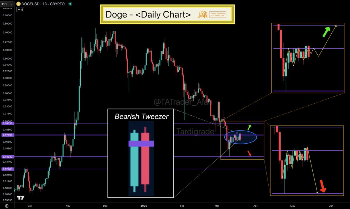 Dogecoin Daily Chart is Closing $DOGE is giving out a bearish candlestick  pattern - Bearish Tweezer - with a false breakout at the $0.176 resistance  level. 🔴 It is more likely to