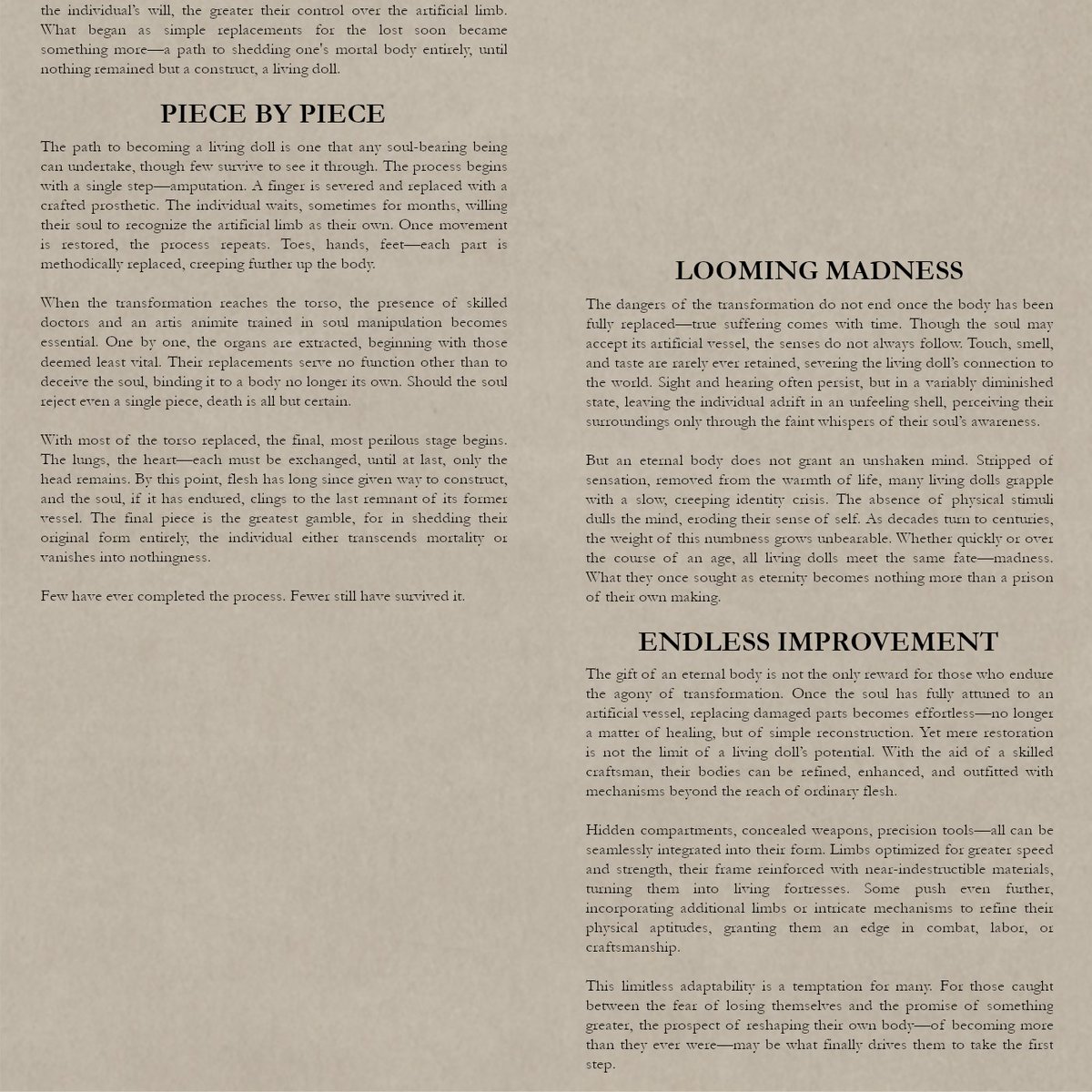 DocLizbeth's tweet image. Body of metal, wood, synthetic, and/or composite materials, the living dolls are proof that immortality isn't merely a dream!

What about you? Would you slowly shed your flesh through excruciating pain, and risk a growing madness to reach eternity?

Enjoy the Living Dolls sheet!