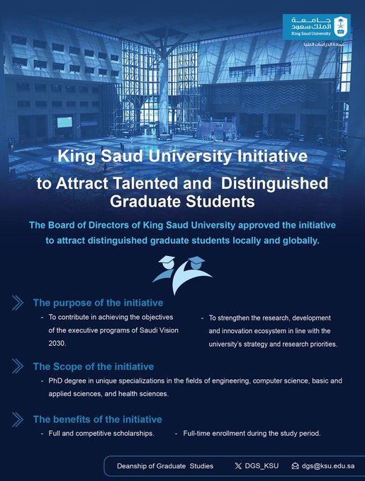 KSU officially launches its initiative of attracting talented and distinguished graduate students.

Visit the website for more information: 
dgsinitiative.ksu.edu.sa