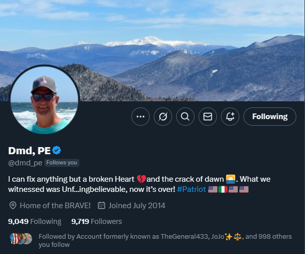 𝕏 🎖️ 🪖PATRIOT SPOTLIGHT🪖 🎖️ 𝕏 
     🇺🇸 🦅 America First 🦅 🇺🇸
<a href="/dmd_pe/">Dmd, PE</a> is a golf-loving, freedom-defending engineer who celebrates VJ Day with a smirk, rails against gas stove bans, and dreams of a TDS vaccine to save small businesses.
#zelena