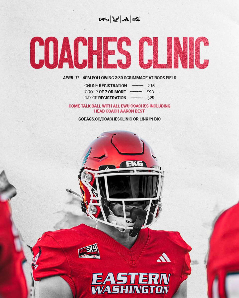 Austin York (@coach__york) on Twitter photo ‼️22 days away‼️
All are welcome to come learn from EWU Staff & allow us to learn from you! Clinic will follow the conclusion of an <a href="/EWUFootball/">EWU Football 🏈</a> scrimmage, all are welcome to watch the guys execute.
The evening will open with an address from the man with 10 💍’s <a href="/CoachBestEWU/">Coach Aaron Best</a> ‼️22 days away‼️
All are welcome to come learn from EWU Staff & allow us to learn from you! Clinic will follow the conclusion of an <a href="/EWUFootball/">EWU Football 🏈</a> scrimmage, all are welcome to watch the guys execute.
The evening will open with an address from the man with 10 💍’s <a href="/CoachBestEWU/">Coach Aaron Best</a>