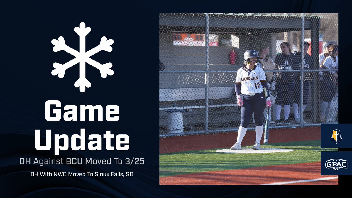 ‼️Schedule Update‼️

Briar Cliff 3/21 games have been moved to 3/25 game times will be 3/5pm 

Northwestern DH 3/22 will now be at Sanford Complex in Sioux Falls games times 1/3pm. Live stats and livestream will be dependent on internet.
