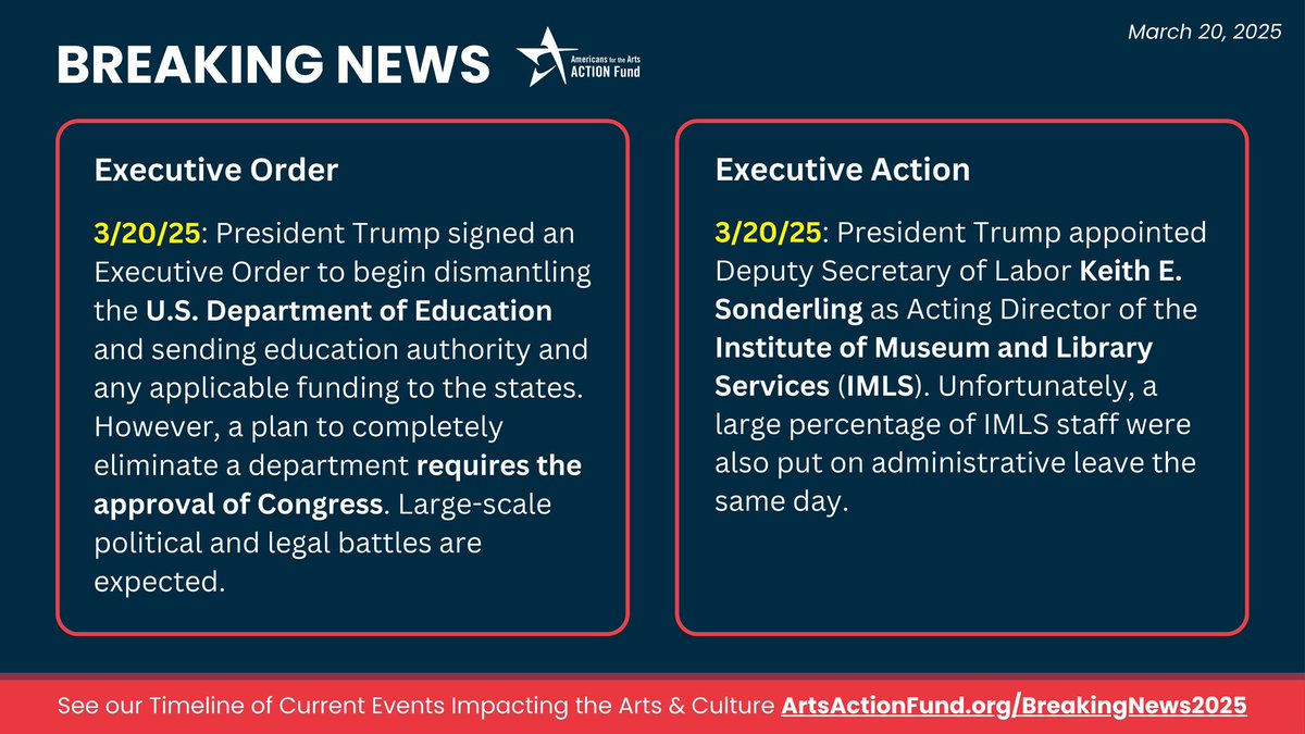 We’re tracking the latest federal actions that could significantly impact arts and culture funding, policies, and agencies. Our most recent update covers new executive orders and actions affecting the DOEd &amp; IMLS.

📢 ArtsActionFund.org/breaking-news-…