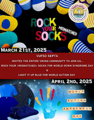 TOMORROW is Rock Your (Mismatched) Socks for World Down Syndrome Day! Be sure you arrive on campus tomorrow in your best mismatched socks! Thanks to our SEPTA for leading this fun spirit day! Mark your calendars for April 2, where we will "Light It Up Blue" for World Autism Day.