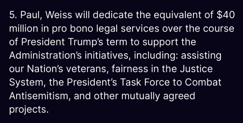 AriCohn's tweet photo. If I were a lawyer at @PaulWeissLLP I don't know how I would take myself seriously. This is absolutely shameful and spineless behavior. Pledging legal services to broadly support any administration's agenda is gross, but especially in this very protection racket way.