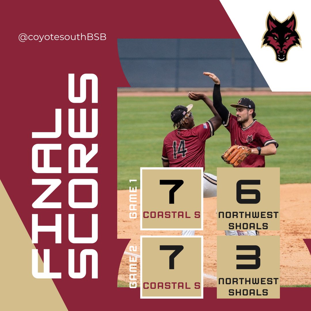 Final scores from today’s conference double header vs. Northwest Shoals!

The Coyotes advance to 9-1 in conference play!

Games 3 and 4 will be played on Saturday, March 22nd at home!