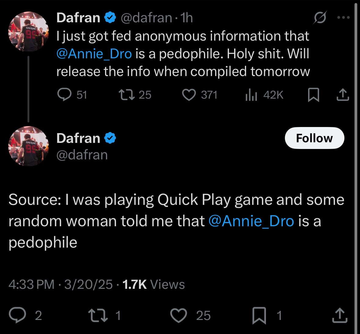 Annie_Dro's tweet photo. Todays summary:
@dafran a user with 110k followers, who claims to not be transphobic, has accused me of being a pedophile with no evidence, before deleting the tweet. 
After which he admits to making it up on purpose. Very cool! https://t.co/yRdUmsCUae