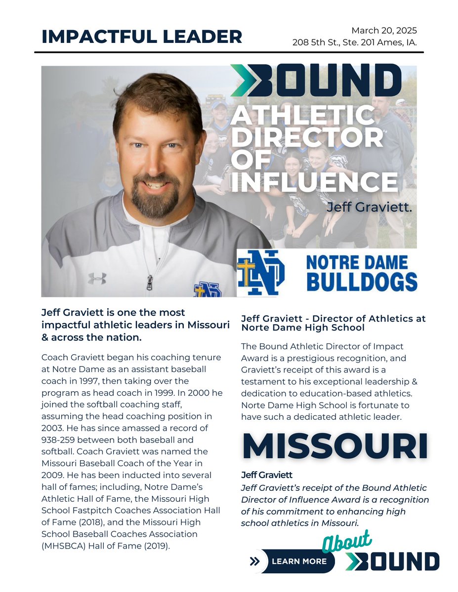 Scott Garvis C.M.A.A. (@pocketad_) on Twitter photo Congratulations to <a href="/CoachGraviett/">CoachGraviett</a> from <a href="/NotreDameCape/">Notre Dame Regional High School</a> in Cape Girardeau, MO — our National Bound Athletic Director of Influence Award Winner! 🏆Your leadership, innovation, & impact on student-athletes set the standard for excellence. Grateful to have you in the #BoundFam! 🙌 Congratulations to <a href="/CoachGraviett/">CoachGraviett</a> from <a href="/NotreDameCape/">Notre Dame Regional High School</a> in Cape Girardeau, MO — our National Bound Athletic Director of Influence Award Winner! 🏆Your leadership, innovation, & impact on student-athletes set the standard for excellence. Grateful to have you in the #BoundFam! 🙌