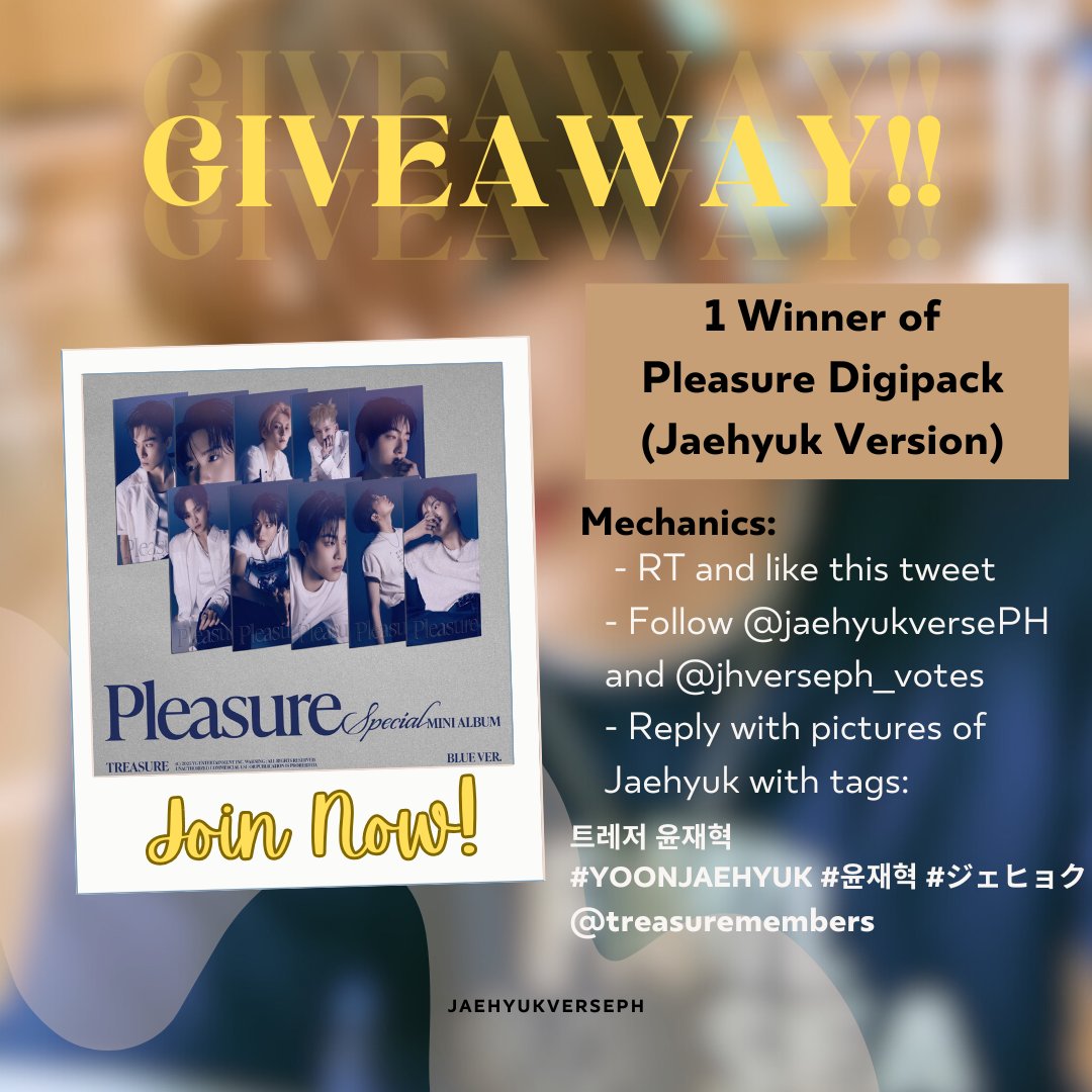 jaehyukversePH (@jaehyukverseph) on Twitter photo PH GIVEAWAY! 🦁
We are giving away 1 SEALED PLEASURE DIGIPACK (JAEHYUK VER)!
Follow these mechanics to join:
- RT and like
- Follow <a href="/jaehyukversePH/">jaehyukversePH</a> and <a href="/jhverseph_votes/">jaehyukversePH Voting Team</a>
- Reply with pictures of Jaehyuk with tags:
트레저 윤재혁
#YOONJAEHYUK #윤재혁 #ジェヒョク
<a href="/treasuremembers/">TREASURE</a> PH GIVEAWAY! 🦁
We are giving away 1 SEALED PLEASURE DIGIPACK (JAEHYUK VER)!
Follow these mechanics to join:
- RT and like
- Follow <a href="/jaehyukversePH/">jaehyukversePH</a> and <a href="/jhverseph_votes/">jaehyukversePH Voting Team</a>
- Reply with pictures of Jaehyuk with tags:
트레저 윤재혁
#YOONJAEHYUK #윤재혁 #ジェヒョク
<a href="/treasuremembers/">TREASURE</a>