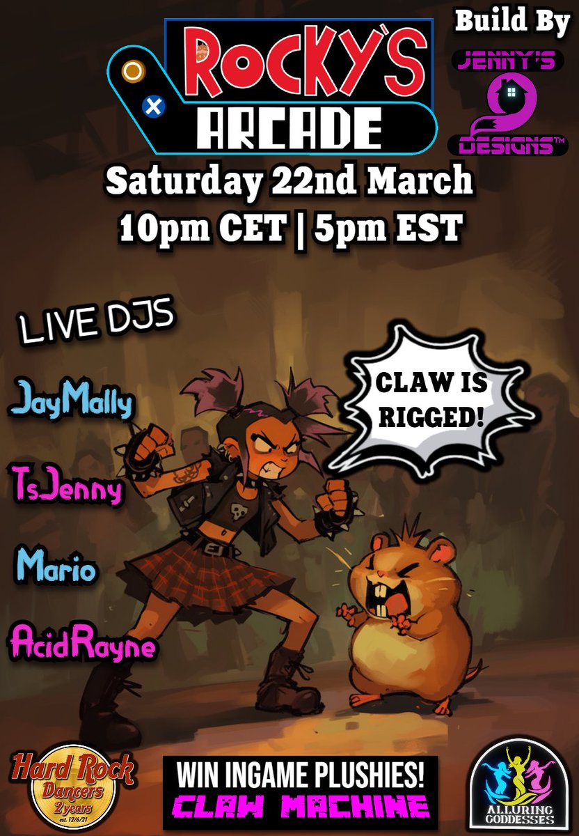 RockyArcade's tweet photo. Come down to Rocky's Arcade this weekend on @3dxchat  good line up of rock djs and the claw machine game win world file plushies. #blamerocky https://t.co/Wvdm0HT5b9