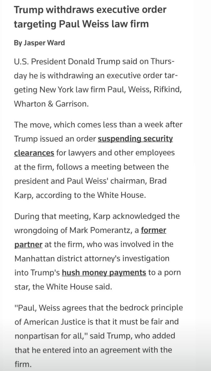 Wow. Paul, Weiss caved to Trump and sold out one of their former partners. Genuinely stunning. I wonder how their associates feel about working for a fascism enabler.