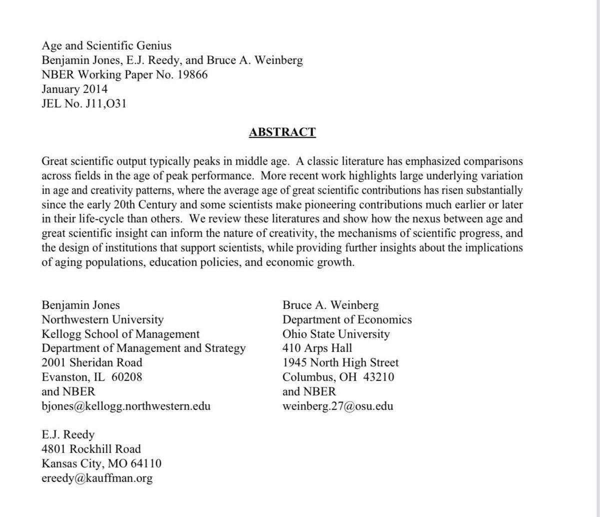 emollick's tweet photo. Similarly, the age at which scientists or innovators achieve their moment of genius has been increasing. Half of all pioneering experimental contributions in science happen after age 40. This is due in part to the increasing burden of knowledge to master: https://t.co/rhhjStdvbk https://t.co/Efv5WeQYmY