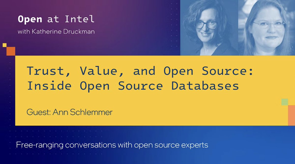 Intel's <a href="/KatherineD/">Katherine Druckman</a> sat down with Percona CEO Ann Schlemmer to discuss the rewards and challenges of running an open source company, sustainability, and the need for drop-in replacements in database projects.

🔗 intel.ly/4bw15cs via <a href="/OpenAtIntel/">open.intel</a>
