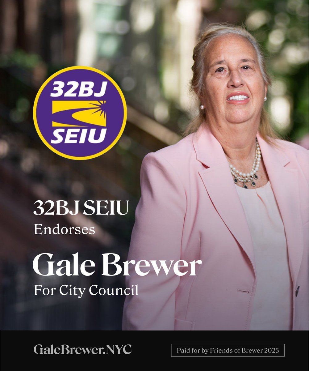 Gale Brewer (@galebrewernyc) on Twitter photo I am deeply honored to receive the endorsement of <a href="/32BJSEIU/">32BJ SEIU /// #BuildingJustice 🧹✊🏽</a> Thank you! I am deeply honored to receive the endorsement of <a href="/32BJSEIU/">32BJ SEIU /// #BuildingJustice 🧹✊🏽</a> Thank you!
