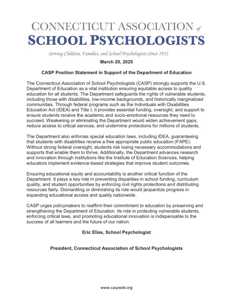 CASP Position Statement in Support of the Department of Education