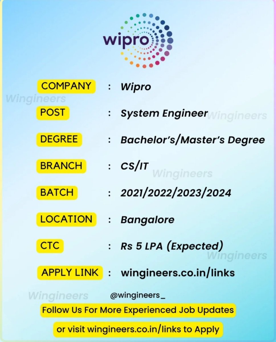 Wingineer_Jobs's tweet image. wingineers.co.in/wipro-is-hirin…

Wipro campus drive
Hiring for System Engineer 

#CampusPlacements #batch2022 #2022jobs #freshers2022 #pune #dataanalytics #electricalengineering #mechanicalengineer #sales #designengineer #tcsjobs #offcampus #tcs #wingineers #offcampusdrive #freshers