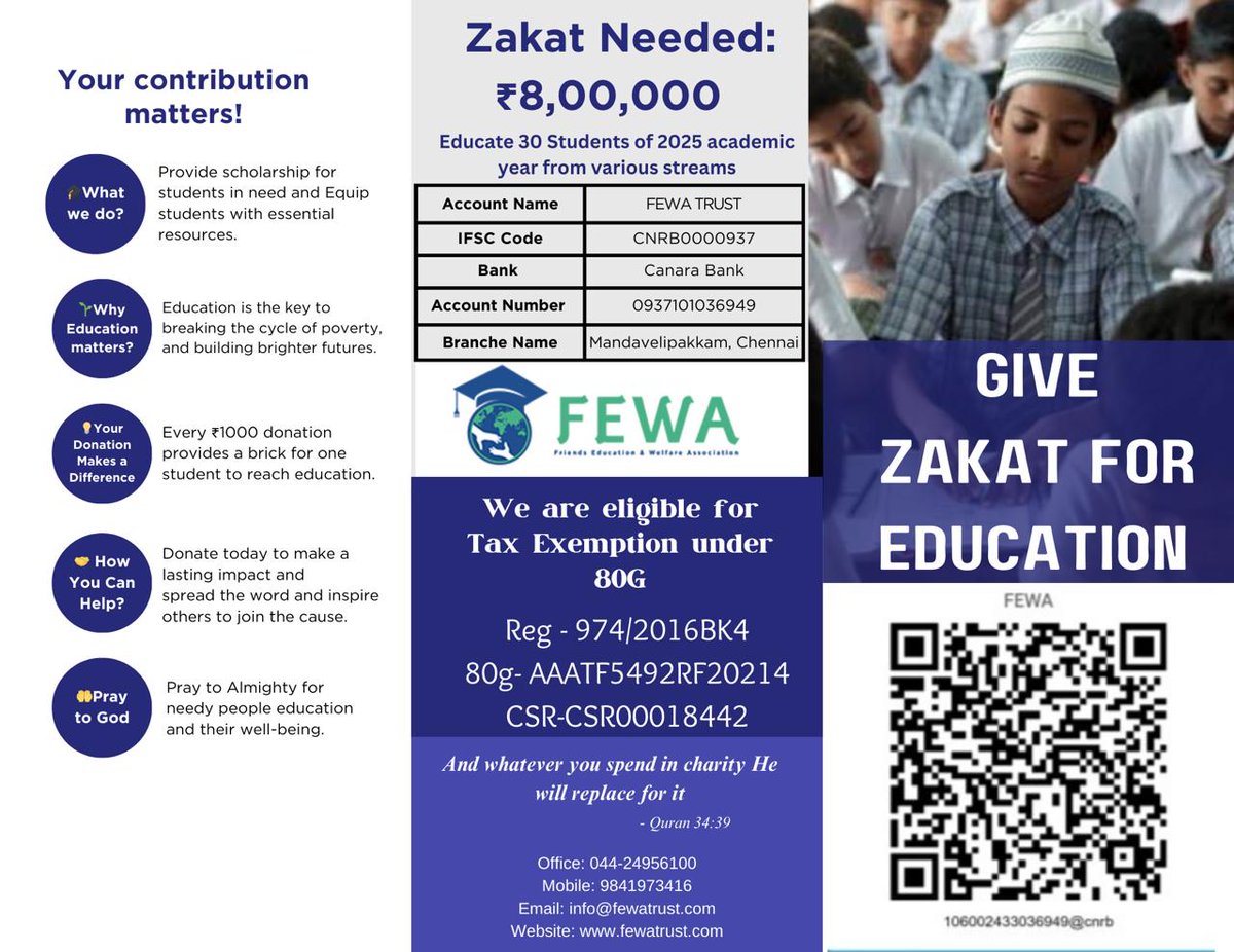 Give Zakat for Education – Help Today!

FEWA Trust is working hard to support 30 students for the 2025 academic year. Your Zakat can be their hope for a brighter future!
📌 Zakat Needed: ₹8,00,000
Even a ₹100 you donate helps a student take a step closer towards better future