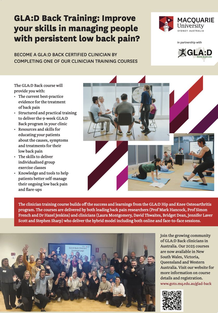 📢 Perth physios: the GLA:D Back training is coming to Perth Wednesday 30 July (1pm – 5.30pm AWST) – online via zoom, and Saturday 2 August (9am – 4pm AWST) at in person (TBC) led by Prof Mark Hancock. More details: mq.edu.au/research/resea…